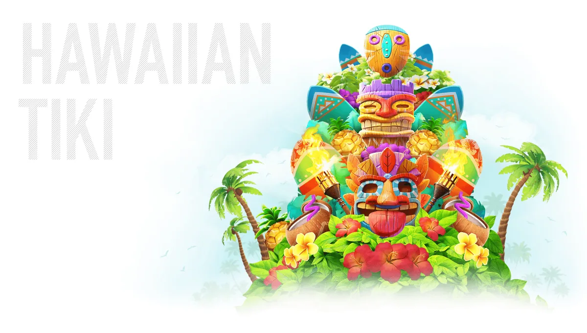 The Hawaiian Tiki totem: stacked tiki masks with flaming torches, coconut cups and hibiscus flowers