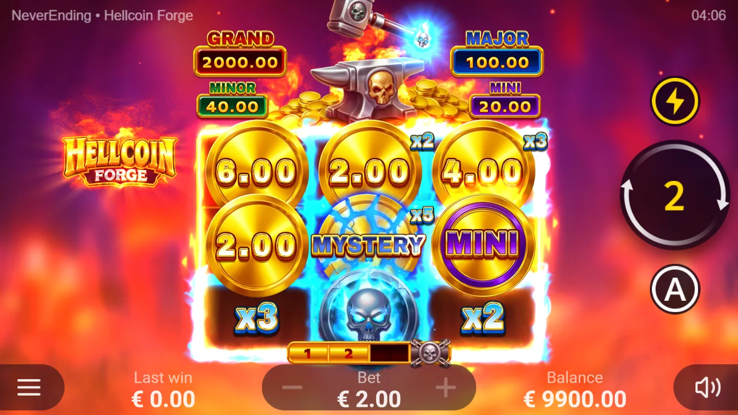 Hellcoin Forge bonus round on the three-by-three grid, with blue Multiplier Frames marked x2, x3 and x5 beside the coins and the four-tier prize ladder above the anvil