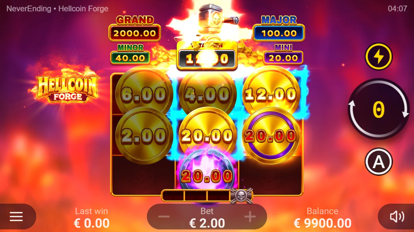 The same Hellcoin Forge round resolved, the respin counter on zero, a Mystery coin turned face up and the multiplied coin values counted into the total win