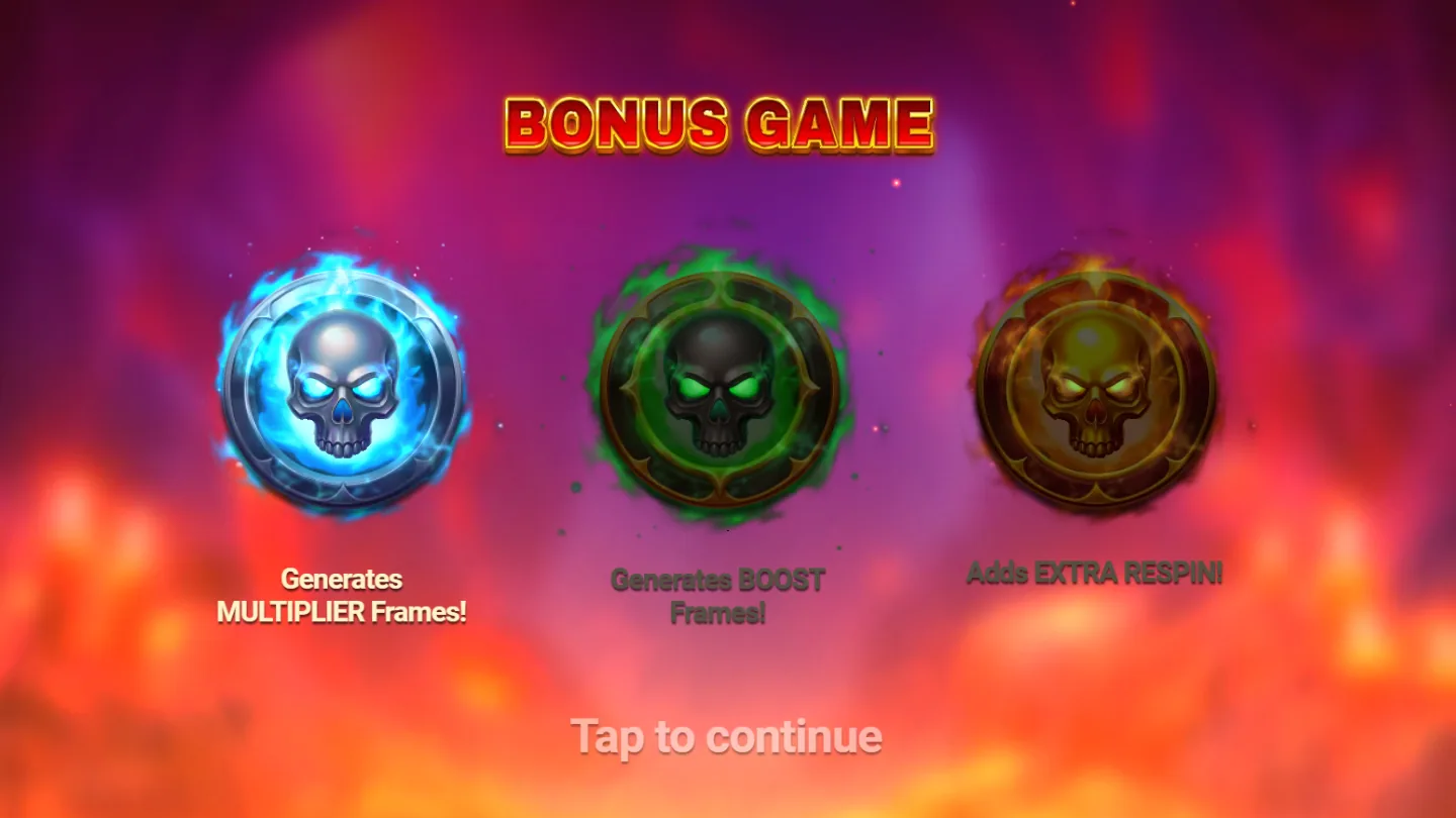 The Hellcoin Forge Bonus Game screen naming the three Skull Coins: blue generates Multiplier Frames, green generates Boost Frames, red adds an extra respin