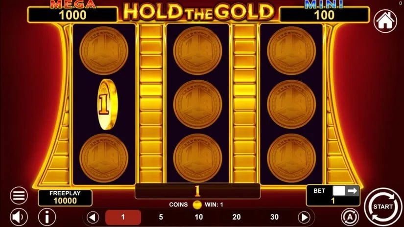 Hold The Gold in play, a golden coin landing on the three-by-three grid with the MEGA and MINI displays above