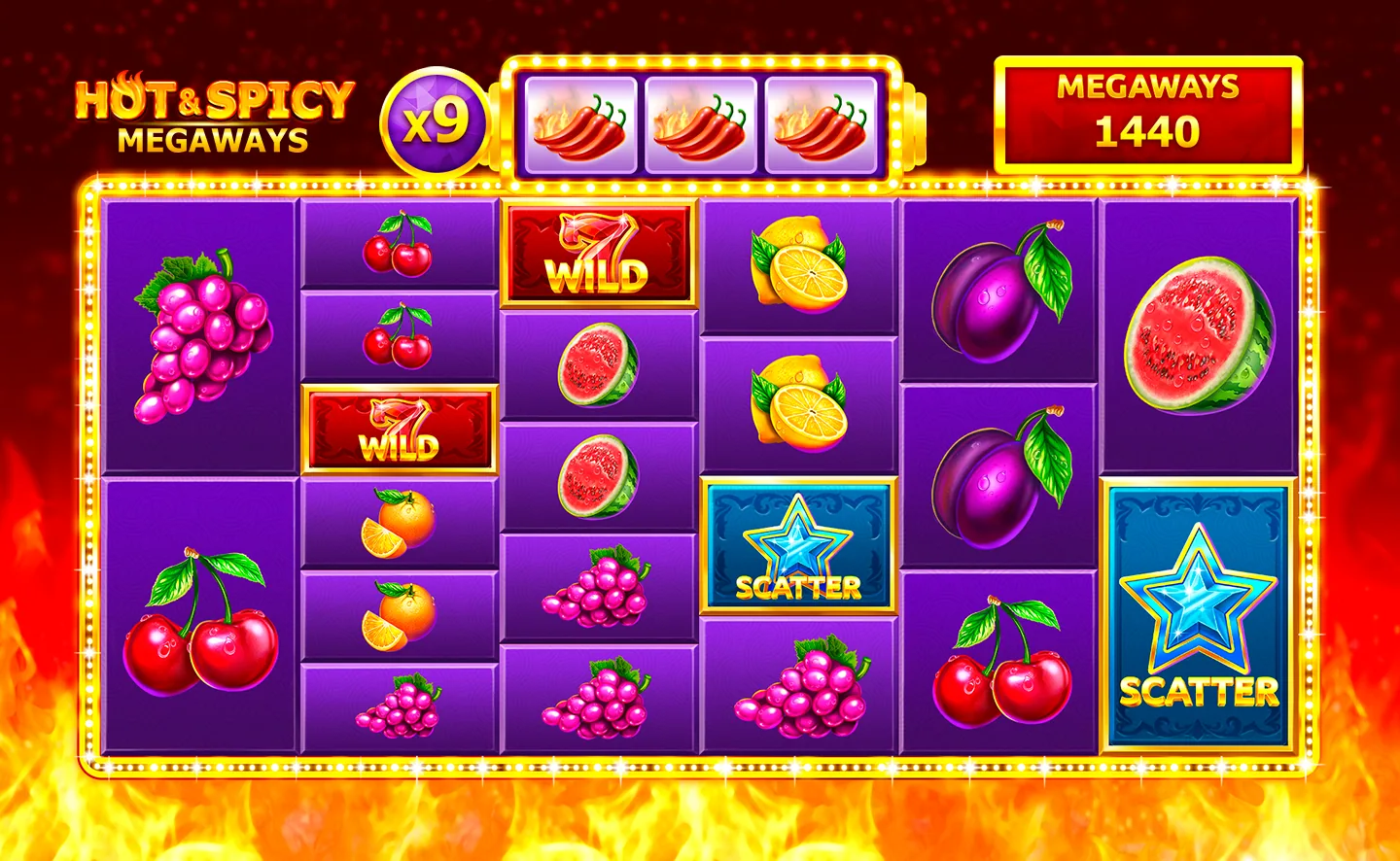 Hot & Spicy Megaways base game reels with the Chilly badge and the ways counter