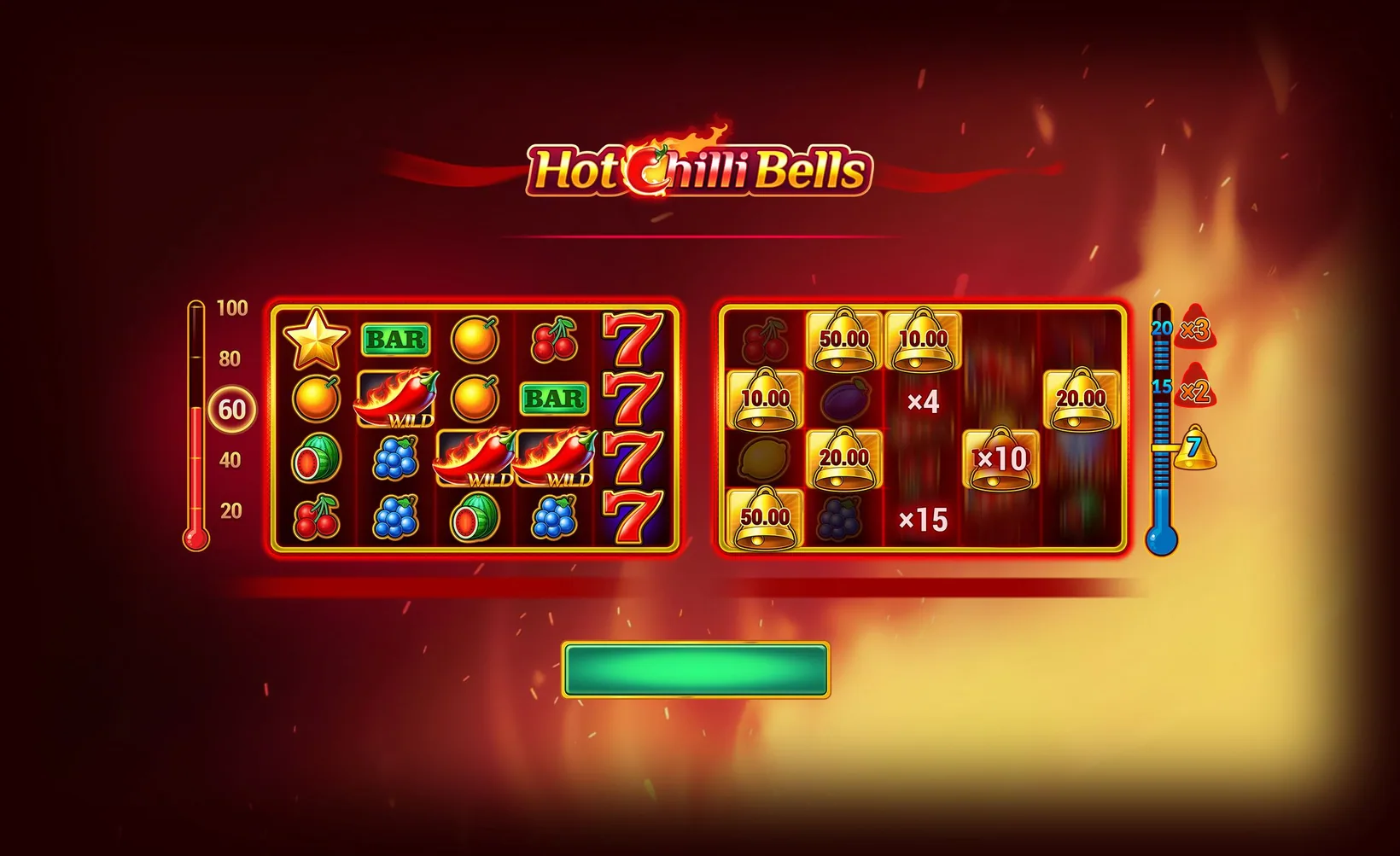 Hot Chilli Bells intro screen with the fiery five-by-four grid, golden bells and the chilli pepper