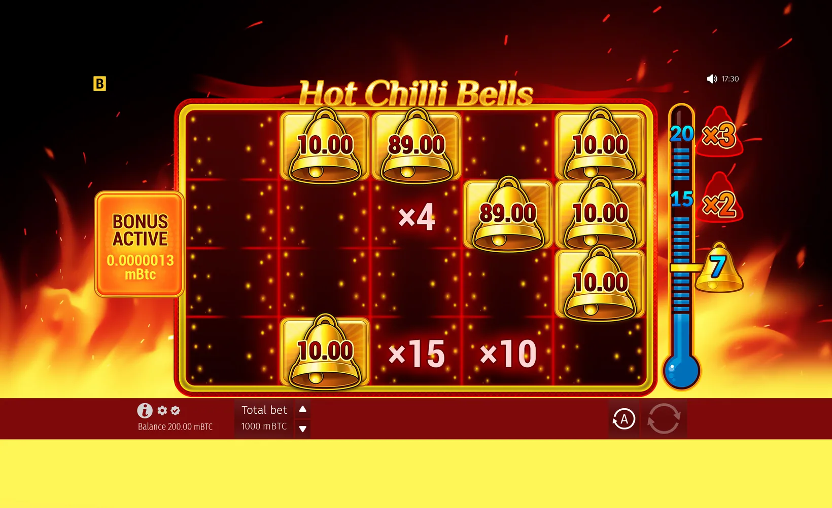 The Hold and Win grid in Hot Chilli Bells with locked bells, multiplier cells and both progress bars filling