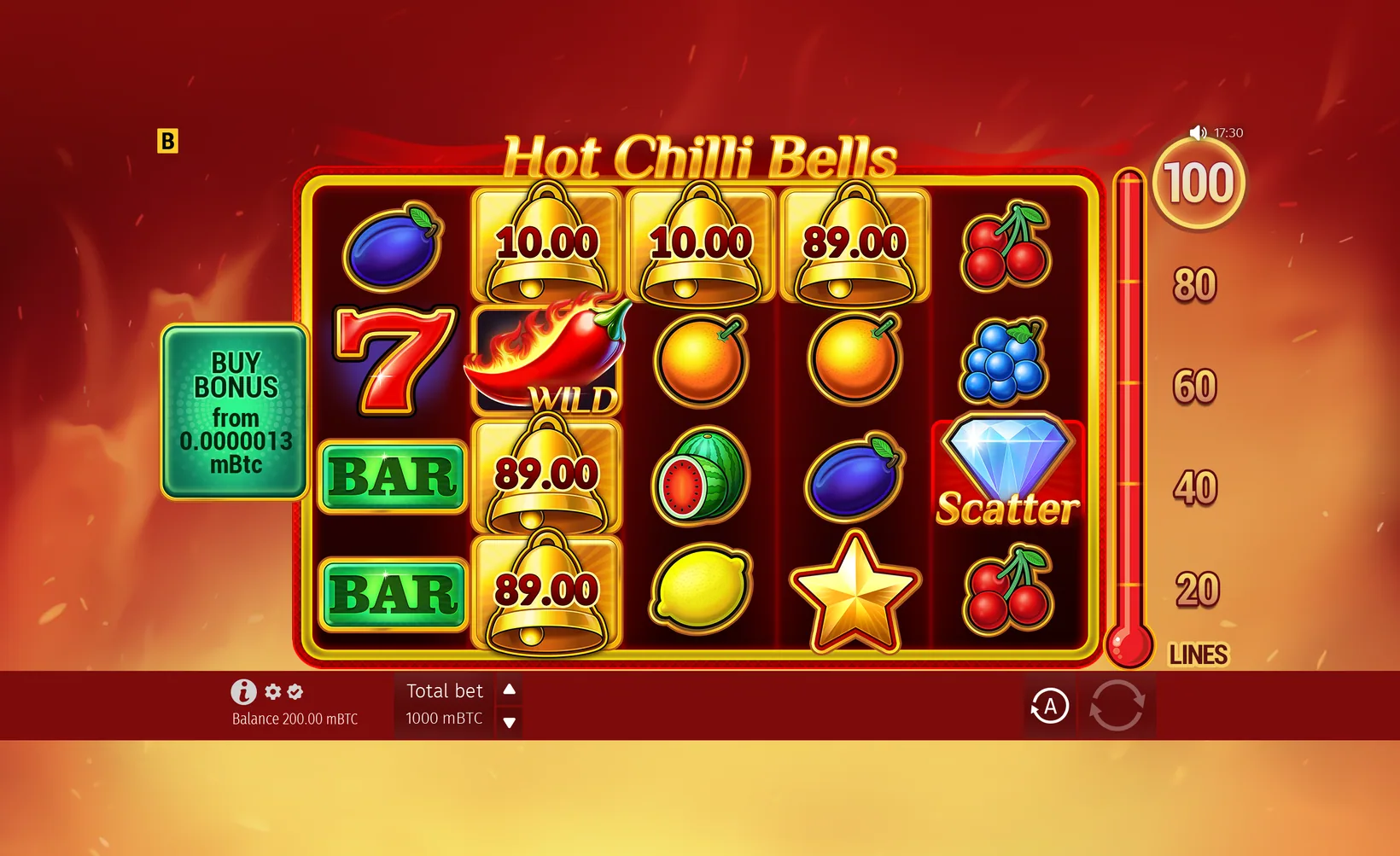 The Hot Chilli Bells base game running at the full hundred lines with the flame background at full intensity