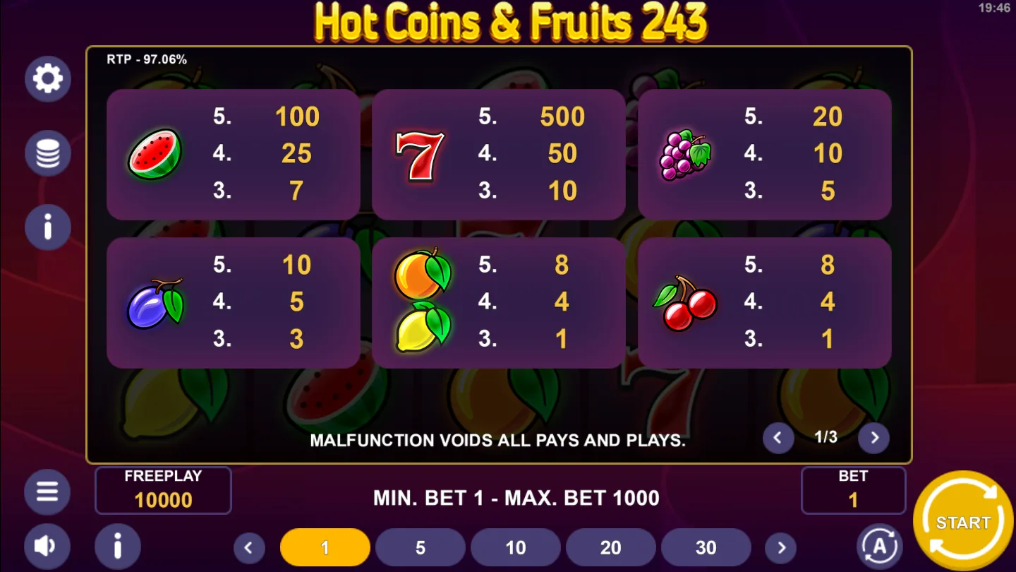 The Hot Coins & Fruits 243 help screen listing the fruit and Seven payouts for three, four and five of a kind