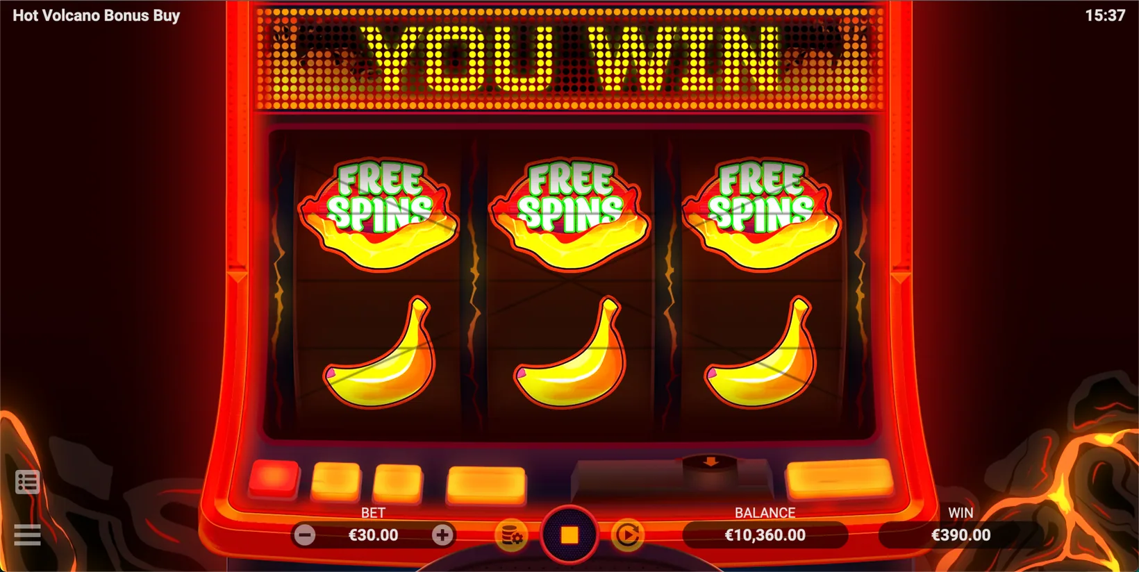 The free spins screen of the Hot Volcano Bonus Buy slot, a paying line of Free Spins symbols awarding ten rounds