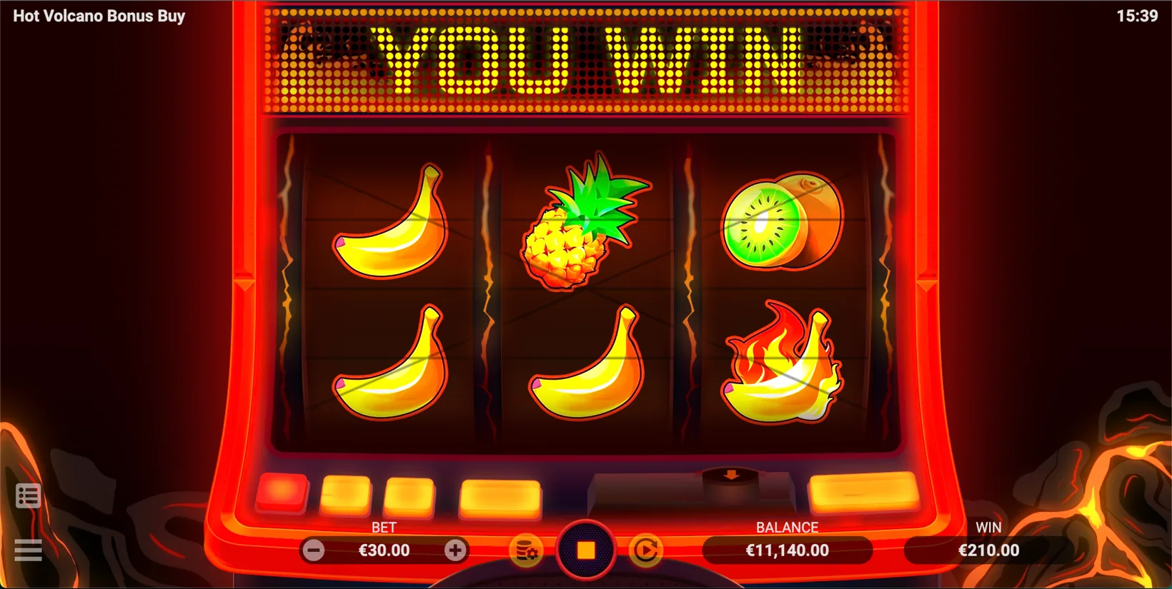 A winning HOT line on the reels of the Hot Volcano Bonus Buy slot machine