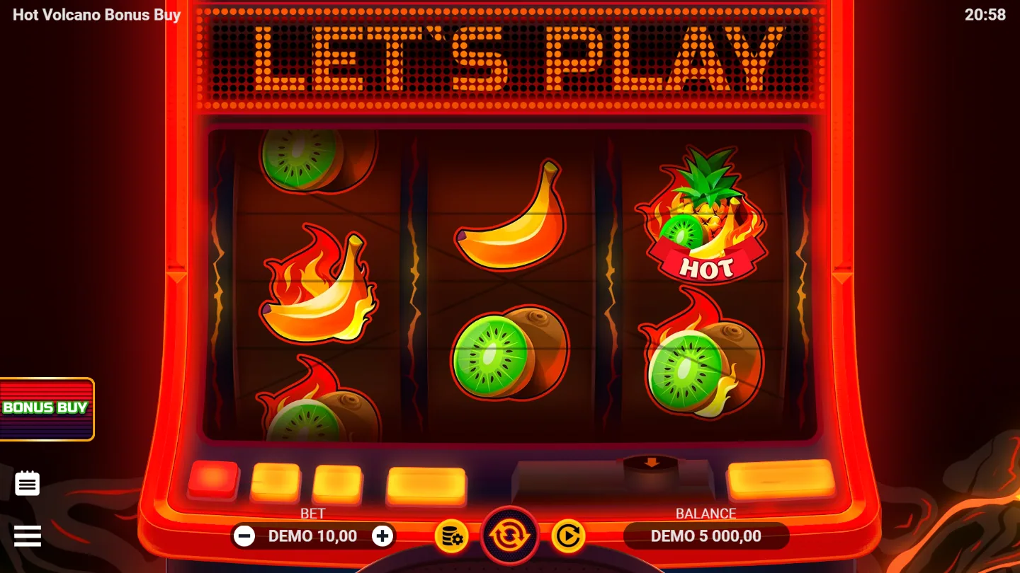 The Bonus Buy tab on the left edge of the Hot Volcano Bonus Buy cabinet, offering ten free spins for forty times the stake