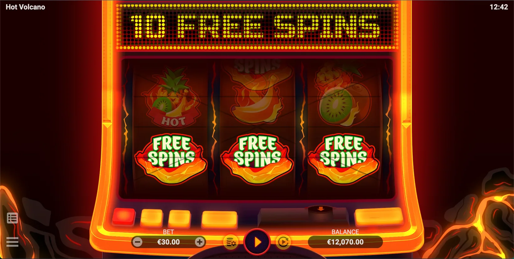 The Hot Volcano free spins trigger screen awarding ten free spins after three Free Spins symbols land on a payline