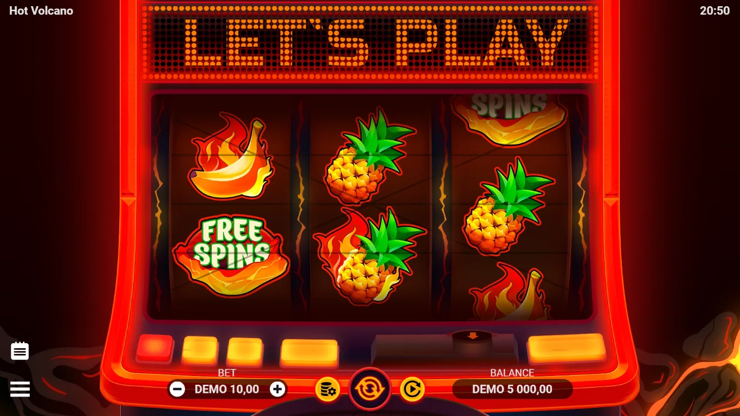 The Hot Volcano reel set in play, three reels of five rows with oversized fruit symbols against a lava-lit red and gold cabinet