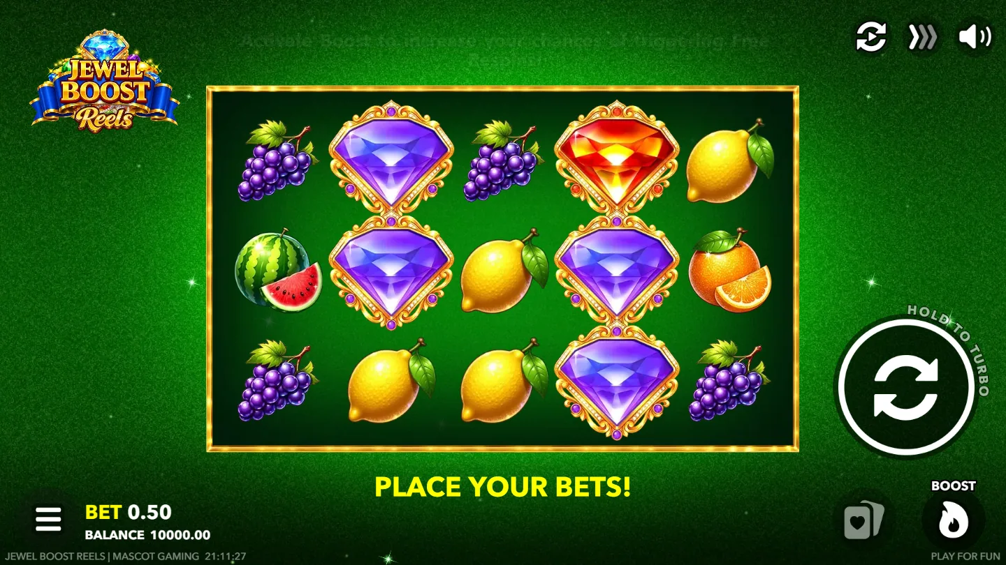 Jewel Boost Reels base game showing the 5x3 grid of gems and fruit on green baize
