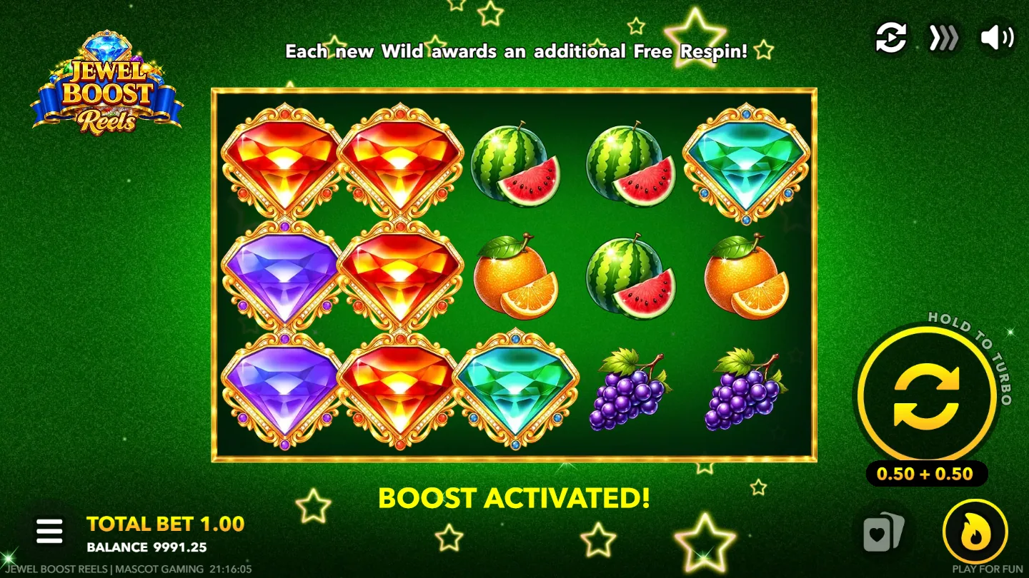 Jewel Boost Reels with the Boost ante switched on, showing the doubled stake on the spin button