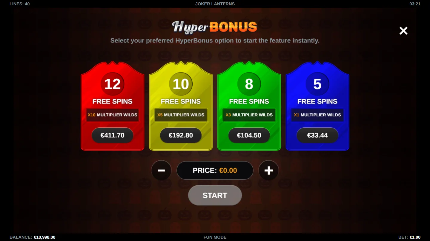 Joker Lanterns HyperBonus screen with the four buy-in options
