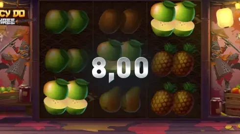 Juicy Do Three fruit reels against the cherry-blossom temple backdrop