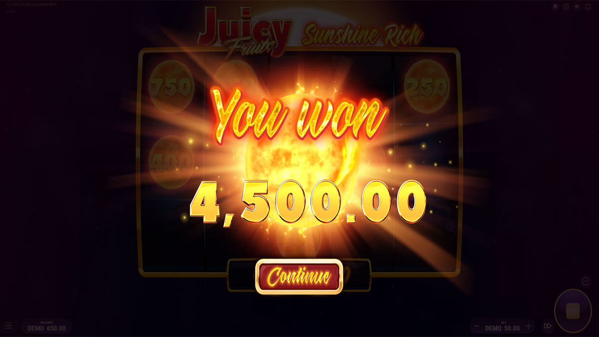 Juicy Fruits Sunshine Rich Cash-Sun Hold and Win big win screen