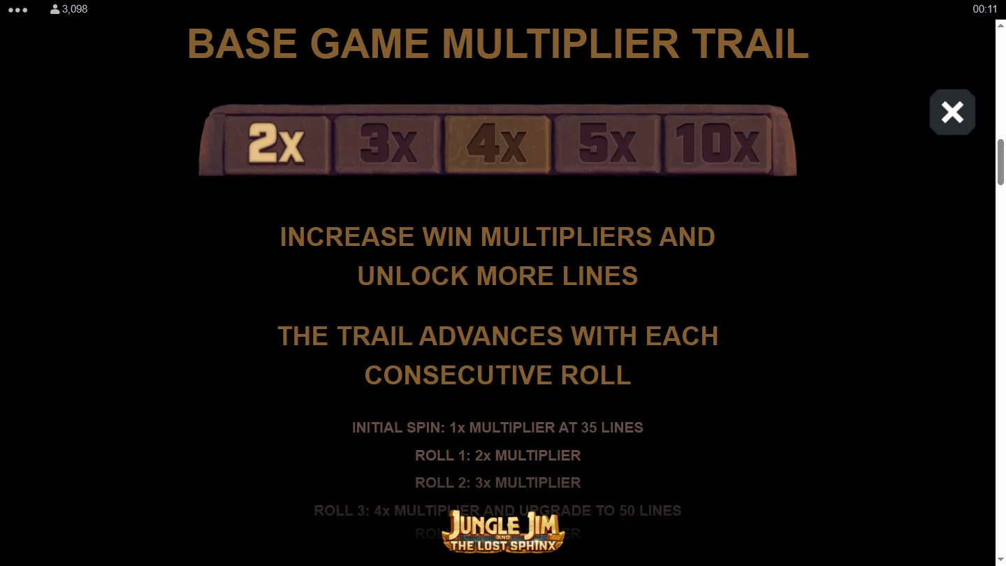 The base game multiplier trail page from the in-game rules, showing the 2x, 3x, 4x, 5x and 10x steps above the reels