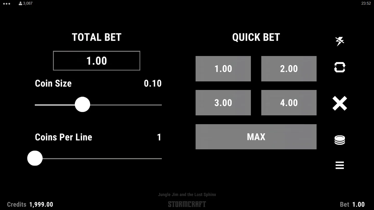 The Jungle Jim and the Lost Sphinx bet panel showing Total Bet 1.00, Coin Size 0.10, Coins Per Line 1 and the quick-bet shortcuts