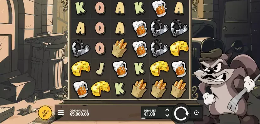 Le Bandit slot Parisian alley theme with Smokey the raccoon bandit