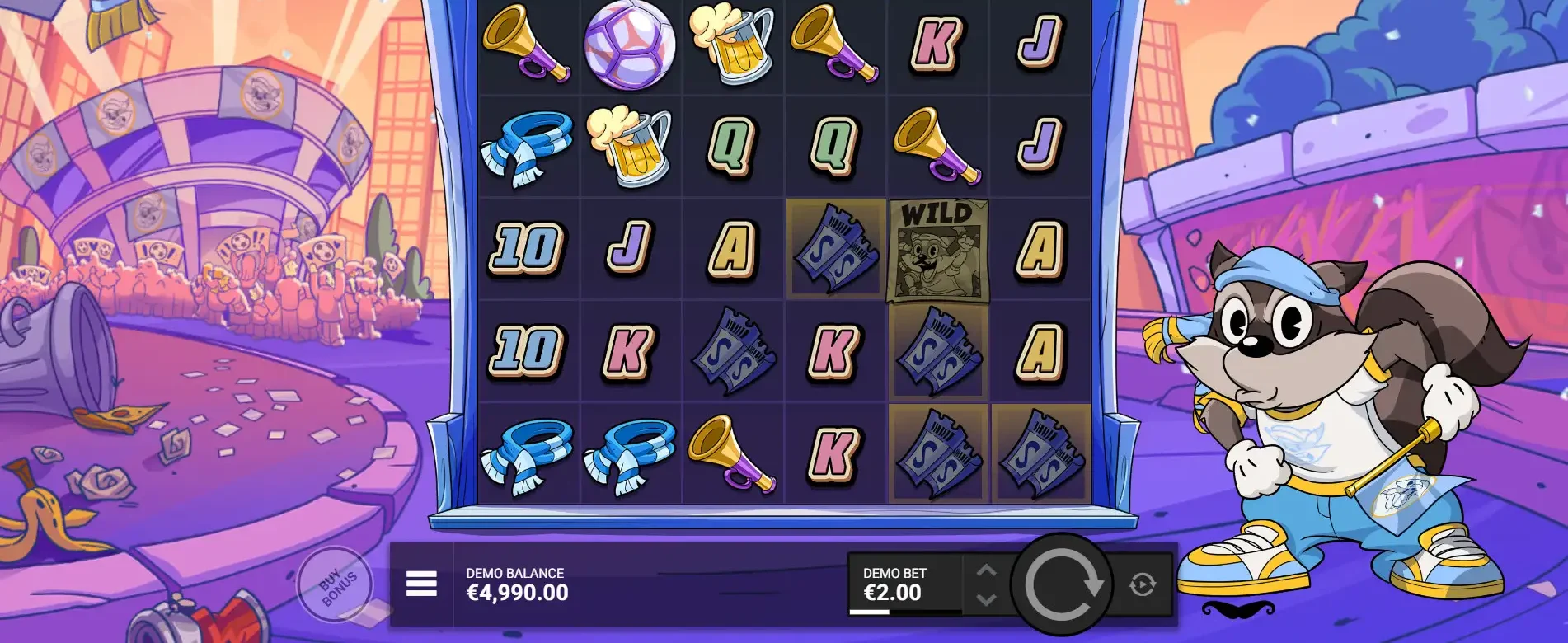 Le Hooligan slot by Hacksaw Gaming with scarf and ticket symbols on the 6x5 grid