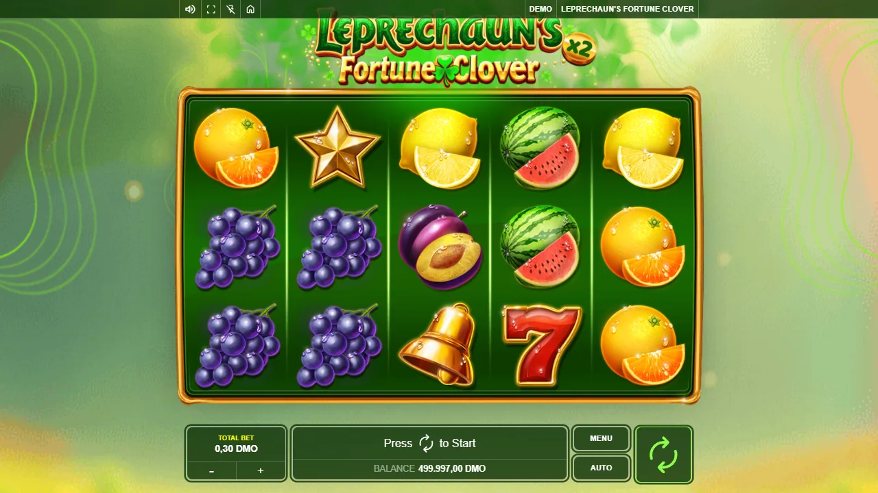 Grapes stacked across the two left reels of Leprechaun's Fortune Clover with a gold star beside them