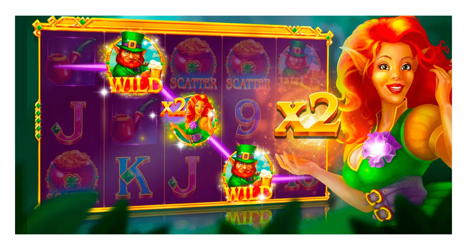 Leprechaun's Gold fairy feature with the wild leprechaun and pot of gold scatters on the reels