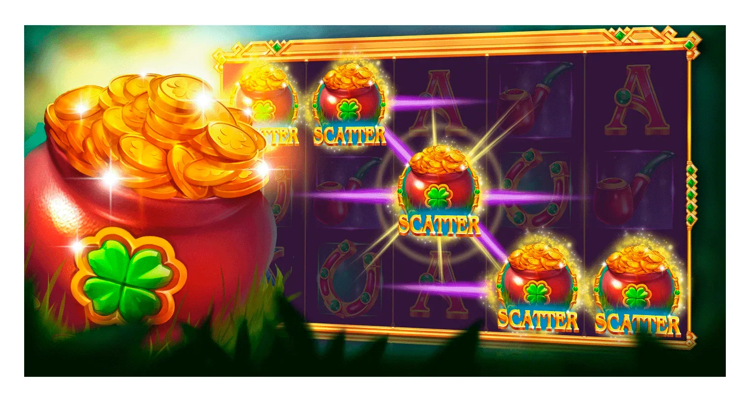 Leprechaun's Gold pot of gold scatter symbols paying from any position