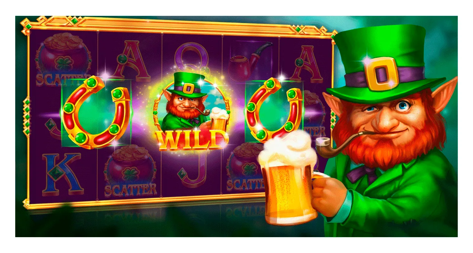 Leprechaun's Gold wild leprechaun symbol between two gem-studded horseshoes