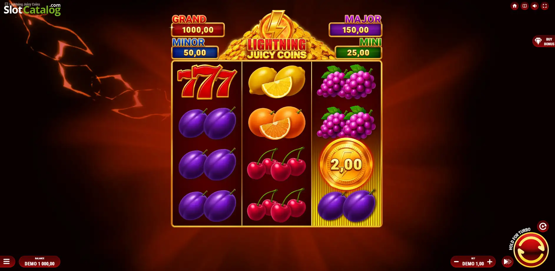 Lightning Juicy Coins fruit reels and coin symbols gameplay