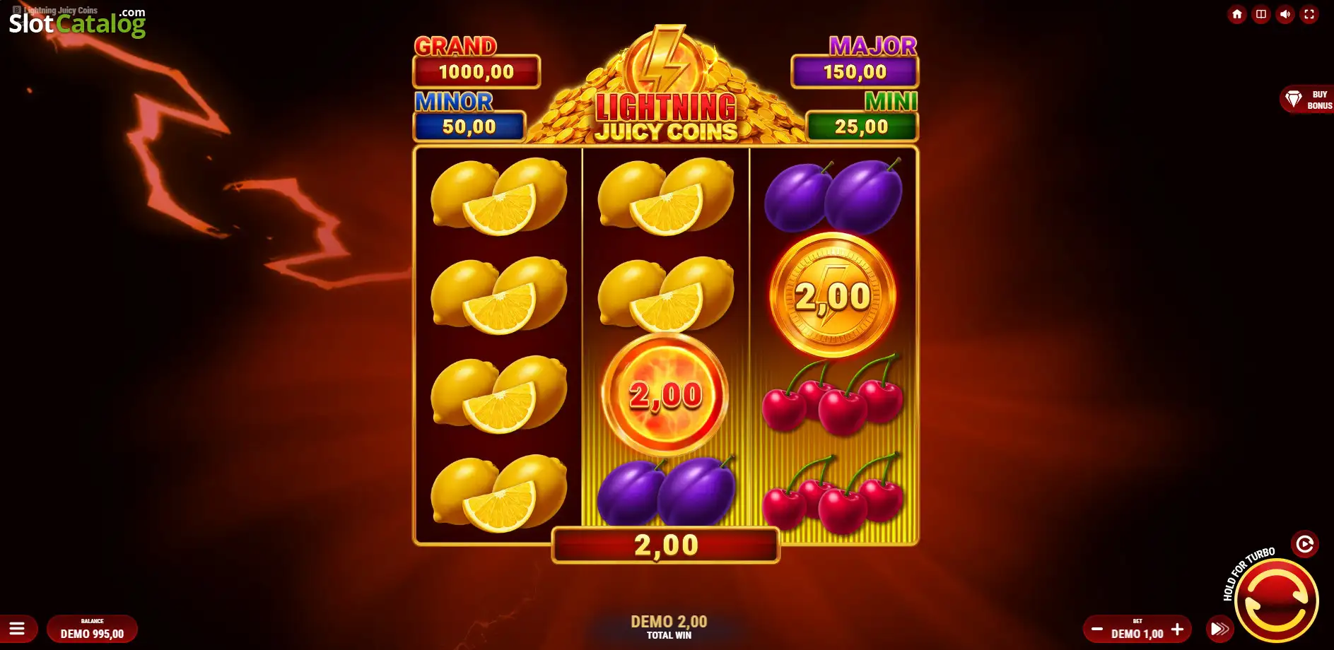 Lightning Juicy Coins fruit reels and coin symbols gameplay