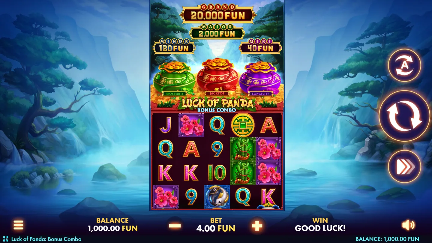 The Luck of Panda: Bonus Combo base game in play with the four-tier prize panel showing MINI, MINOR, MAJOR and GRAND above the reels