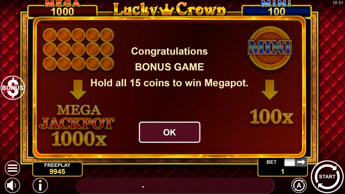 The Lucky Crown Hold And Win bonus intro showing MEGA JACKPOT 1000x, the MINI coin at 100x and the instruction to hold all 15 coins