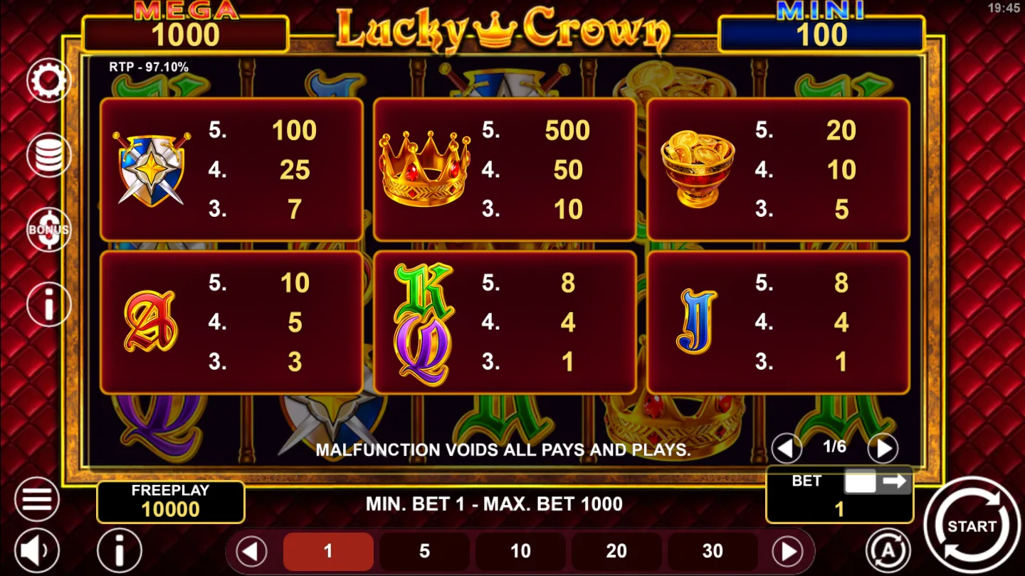 Lucky Crown Hold And Win in play at a one-credit bet, with the MEGA and MINI displays above the reel frame