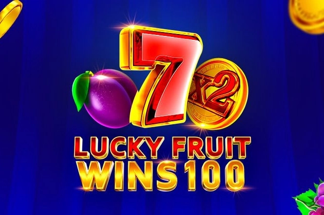 A tighter crop of the same Lucky Fruit Wins 100 key art, with gold coins drifting past the Seven and the x2 coin