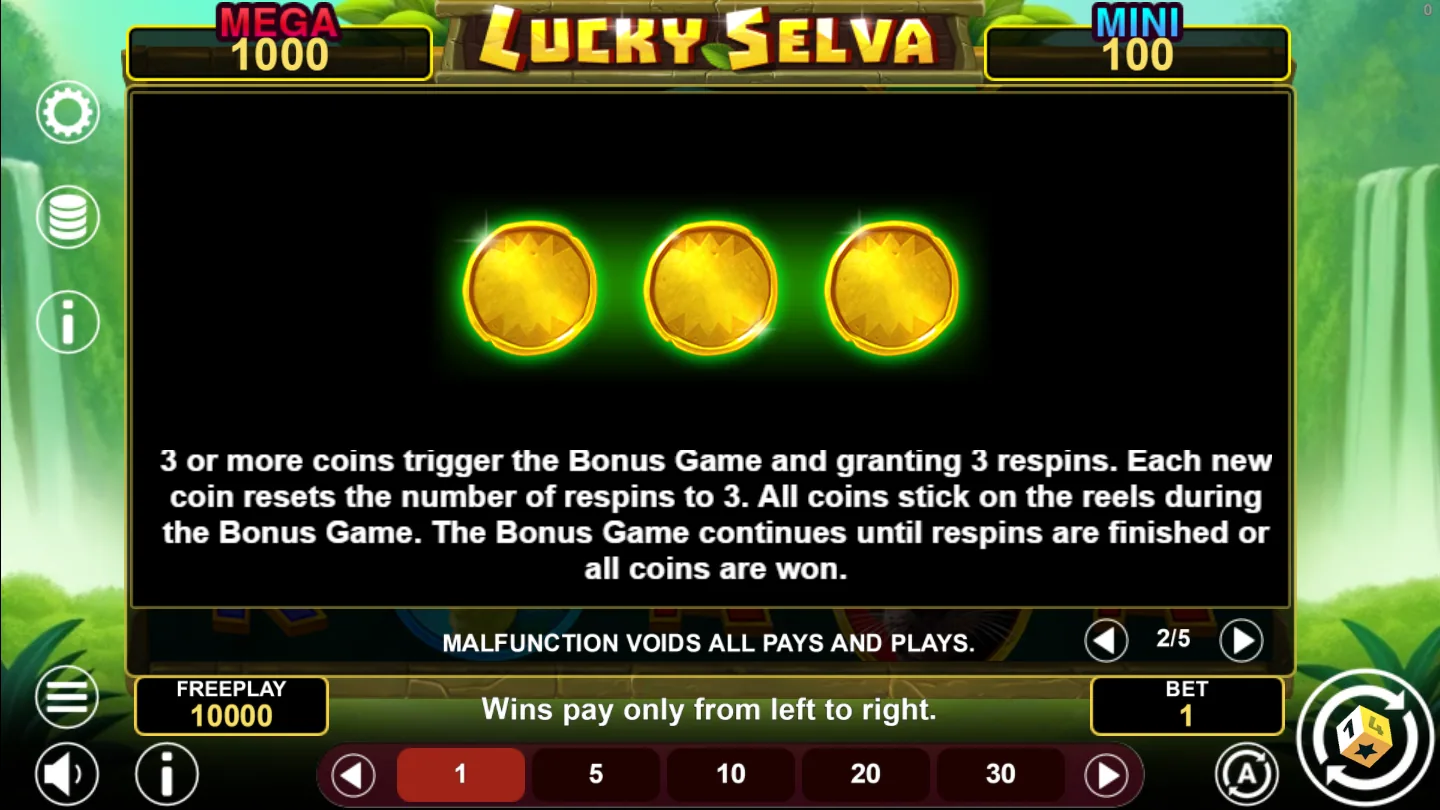 The in-game bonus rules screen explaining the coin respins, the Mini Jackpot Coin and the Megapot
