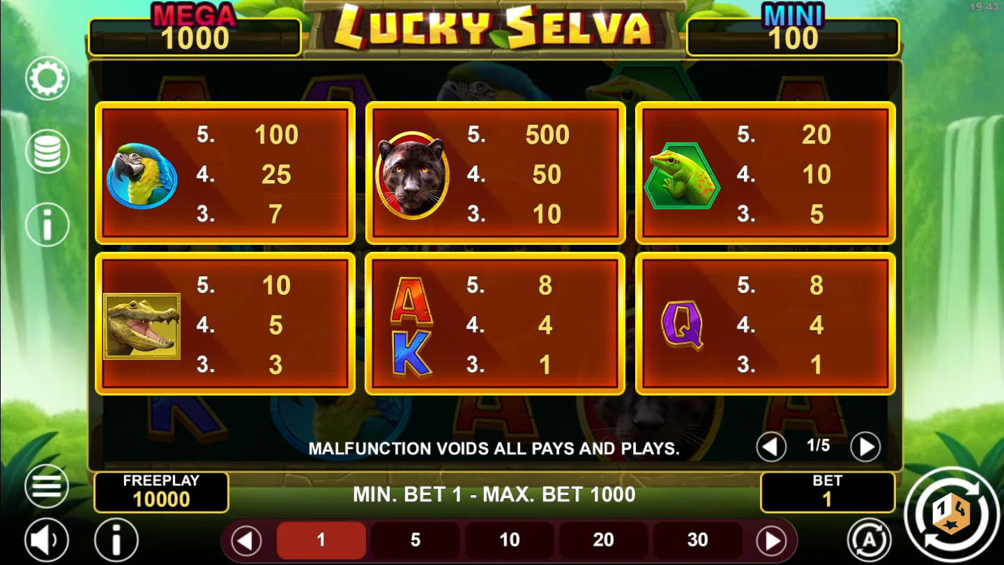 The Lucky Selva Hold And Win help screen listing the symbol payouts for three, four and five of a kind