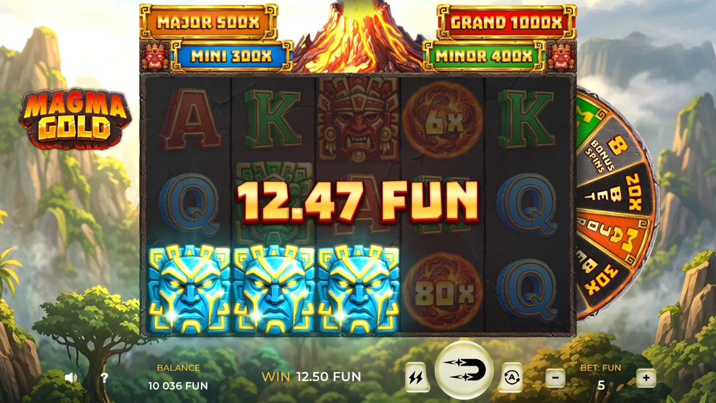 Magma Gold in play: three blue totems paying 12.50 FUN at a bet of 5, with burning coins showing 6X and 80X on the reels