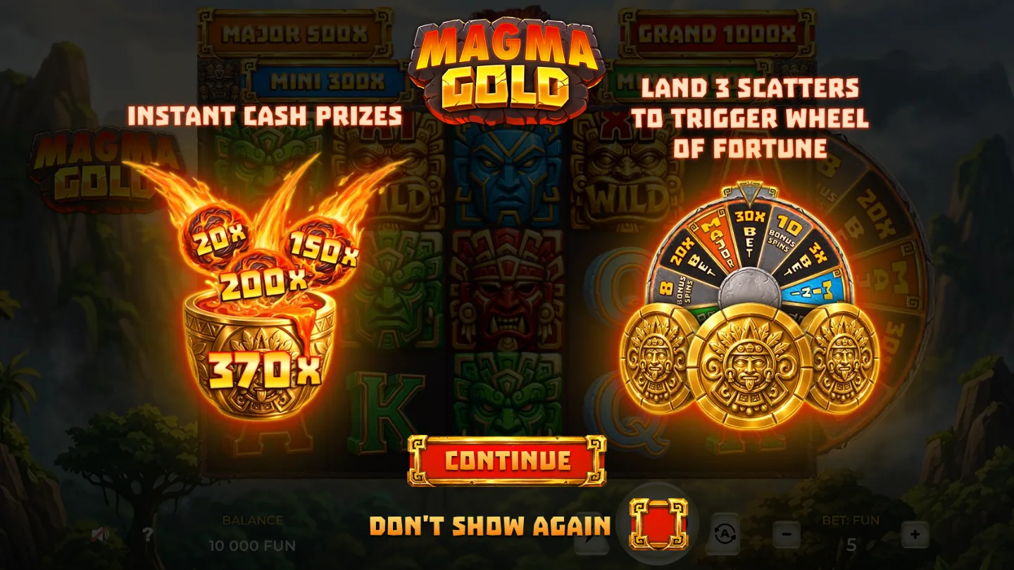 The Magma Gold opening screen showing the Collector bowl summing coins into 370X and the Wheel of Fortune triggered by three Scatters