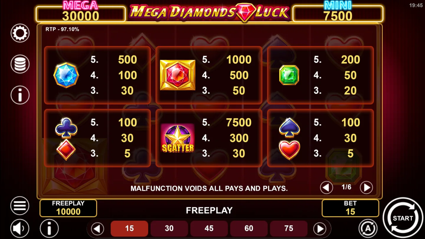 The Mega Diamonds Luck paytable screen showing the gem and card-suit symbols with their per-line coin values and the 97.10% RTP line