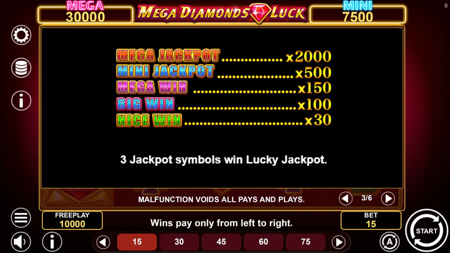 The in-game prize ladder for Mega Diamonds Luck listing the five tiers from x30 up to x2000 above the rule that three symbols win the round