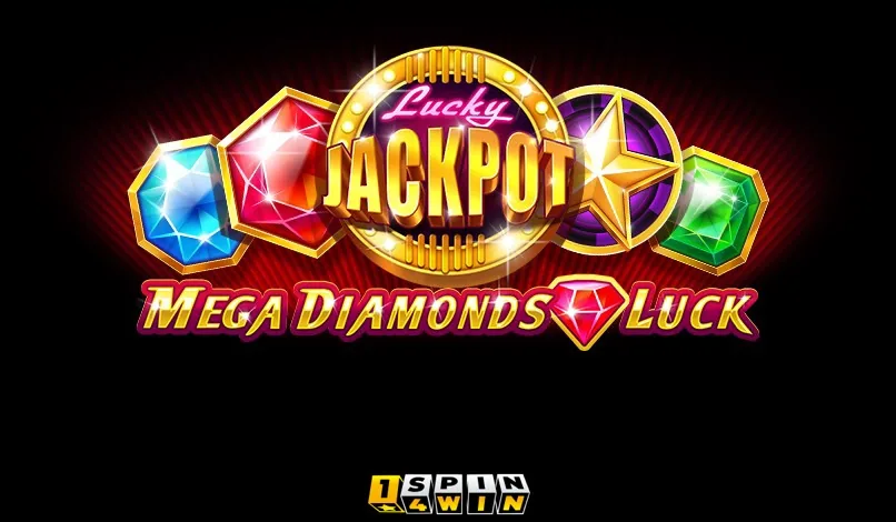 The Mega Diamonds Luck splash screen with the gold prize medallion, the gem symbols and the 1spin4win studio logo