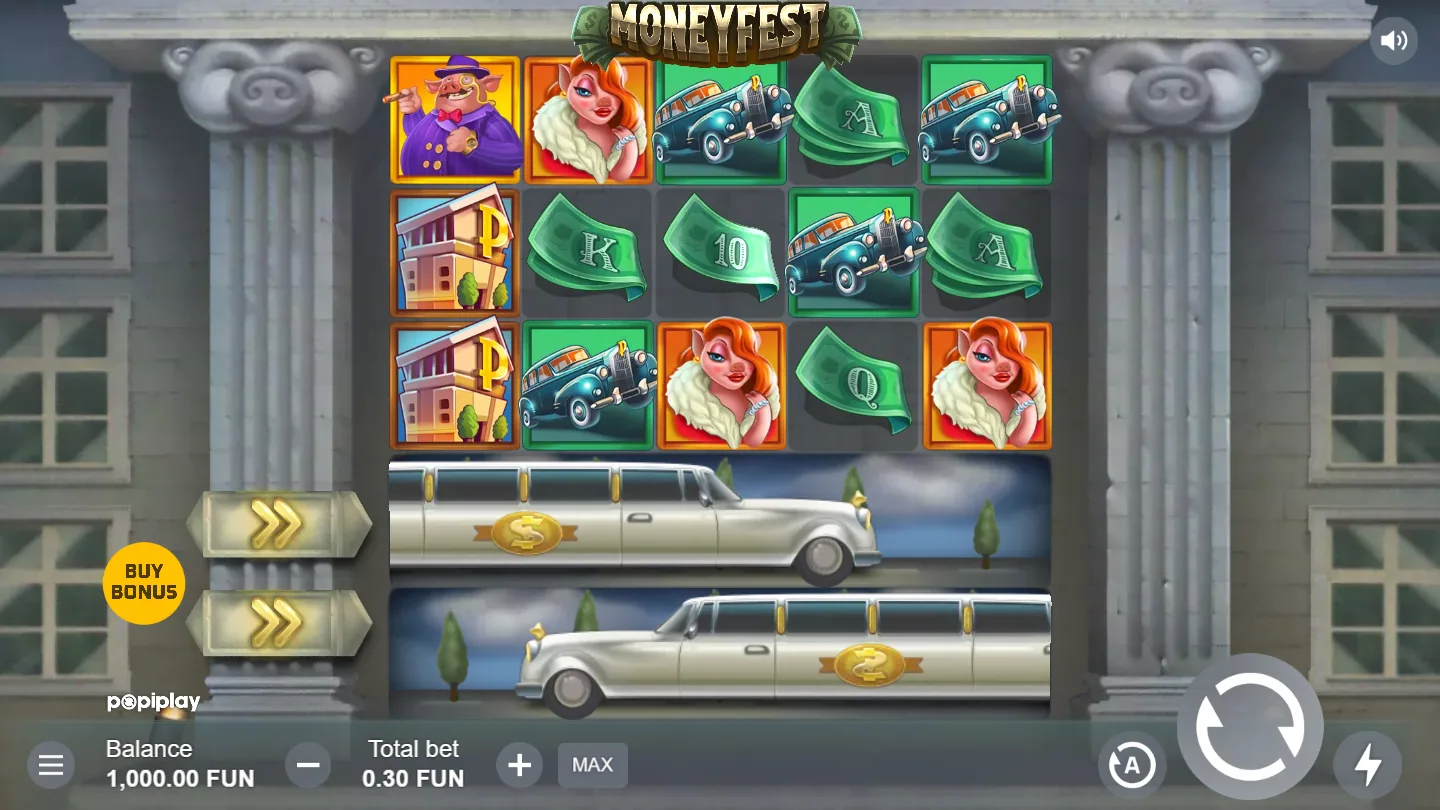 Moneyfest base game on the opening five-by-three grid, two white stretch limousines parked across the blocked rows, total bet 0.30 FUN