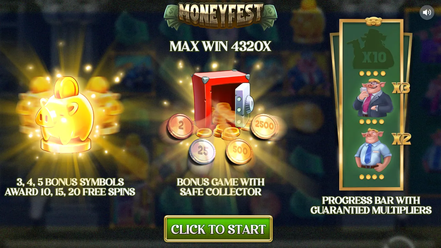 Moneyfest intro screen: MAX WIN 4320X, three to five bonus symbols awarding 10, 15 or 20 free spins, the red safe collector and the progress bar with guaranteed multipliers