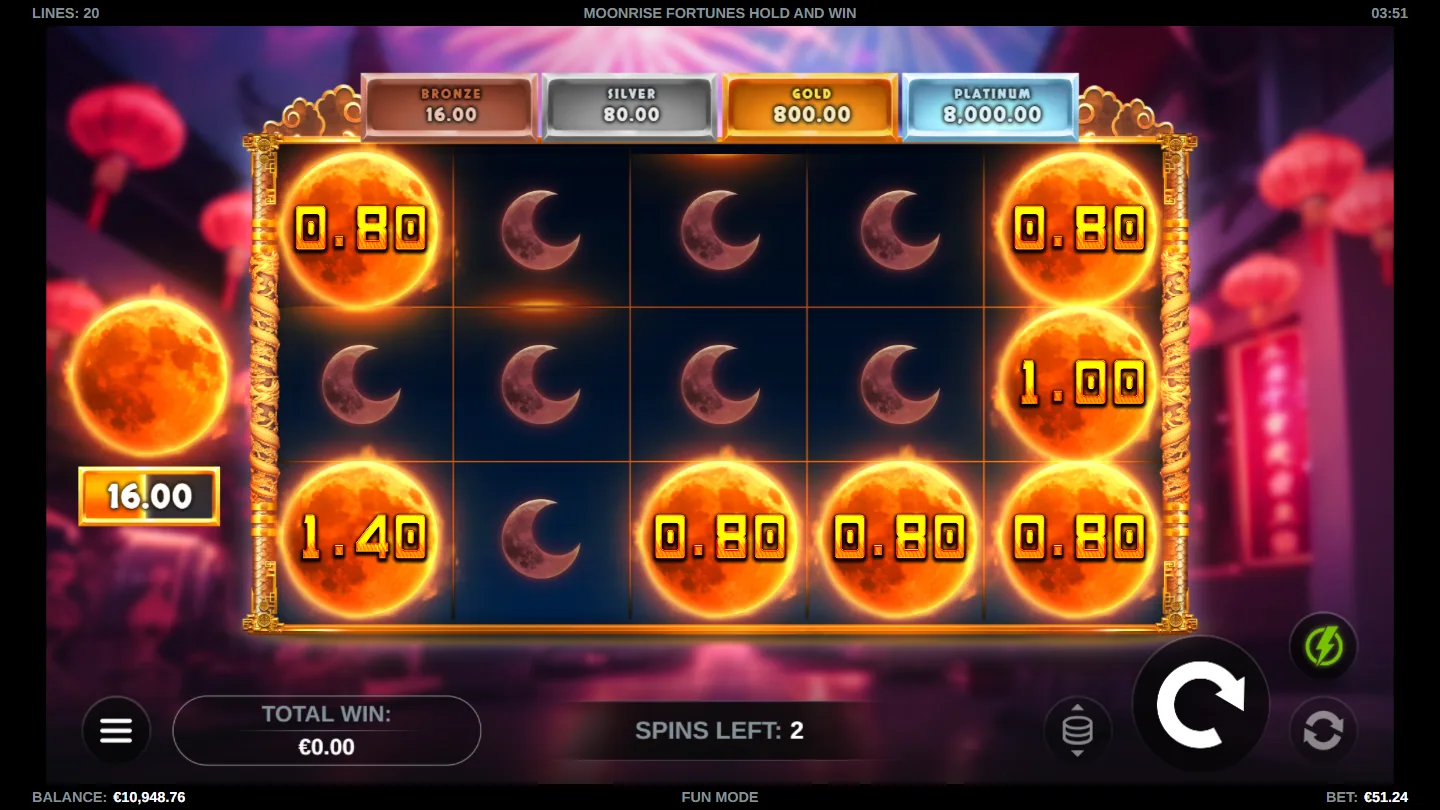 Moonrise Fortunes Hold and Win base game reels with the four Cashpot meters above the grid