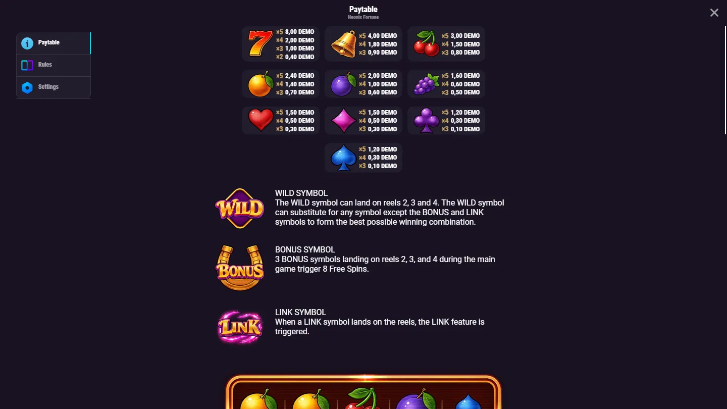 Neonix Fortune paytable screen listing every symbol value plus the WILD, BONUS and LINK rules