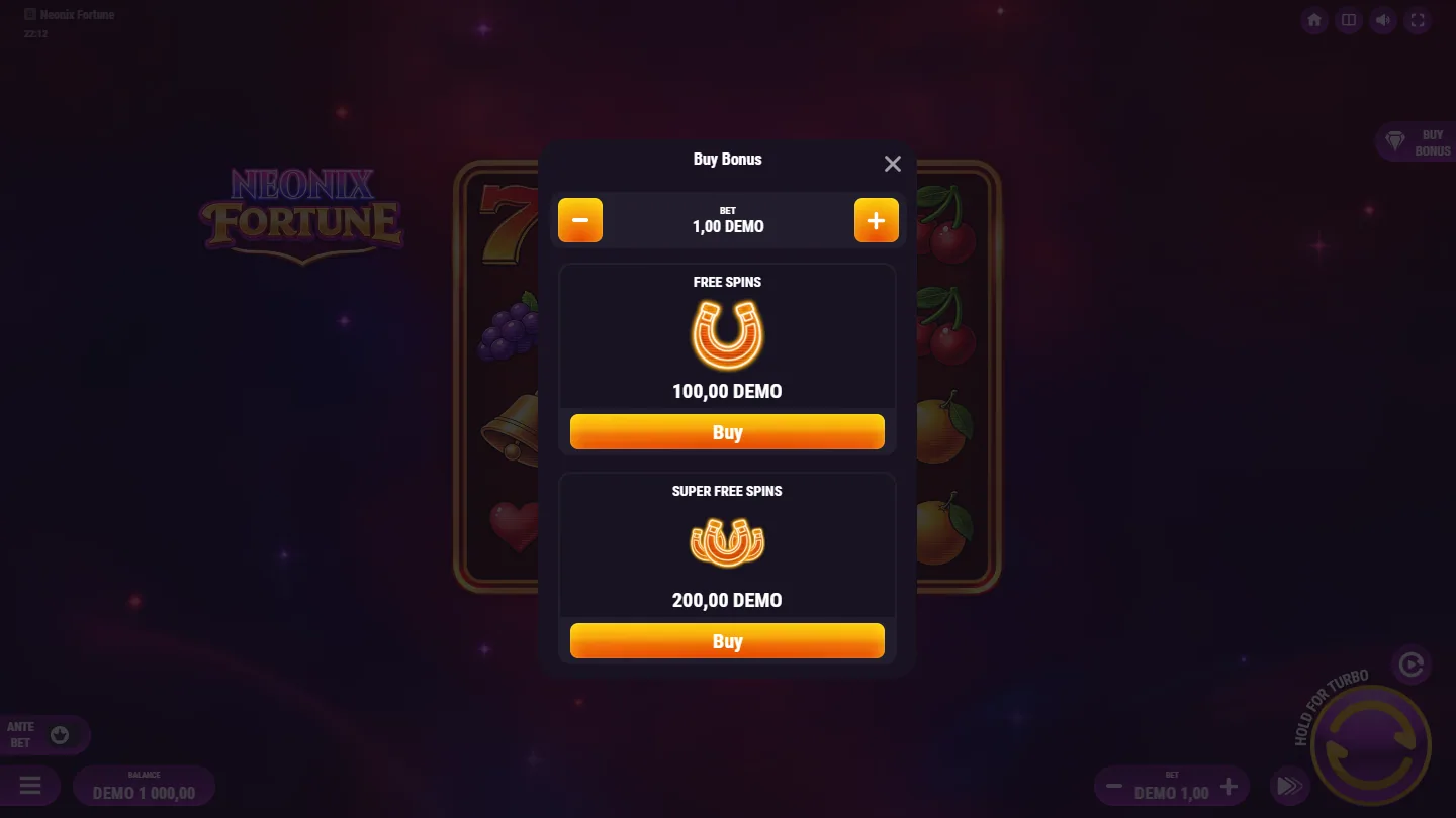 Neonix Fortune Buy Bonus panel showing the FREE SPINS and SUPER FREE SPINS prices at a 1.00 stake