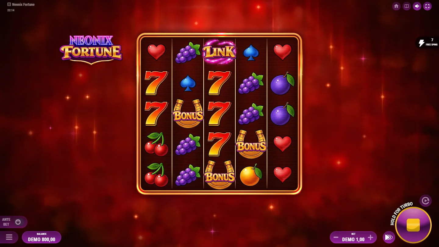 Neonix Fortune free spins round on the expanded five-row grid with a LINK badge and two BONUS horseshoes on the reels