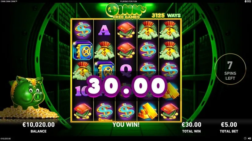 Oink Oink Oink! free games running in the green vault with 3,125 ways and 7 spins left