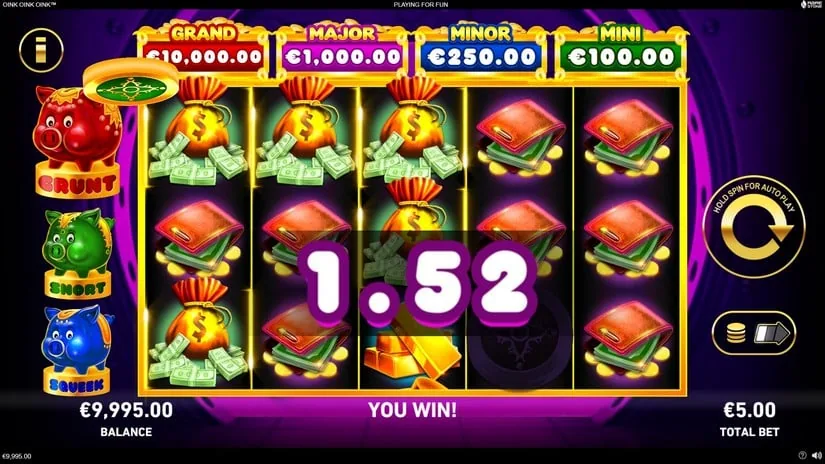 Oink Oink Oink! base game reels under the MINI, MINOR, MAJOR and GRAND jackpot ladder