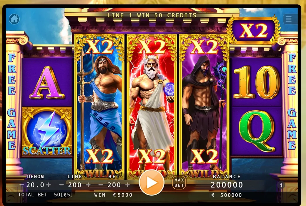 Olympus Gods free game with the three god wilds and multiplier plaques